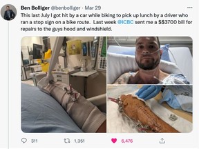 Fotos, die Ben Bolliger von seinem Krankenhausaufenthalt auf seinem Twitter-Account gepostet hatte, nachdem er letzten Sommer auf seinem Fahrrad von einem Auto angefahren worden war.  PNG
