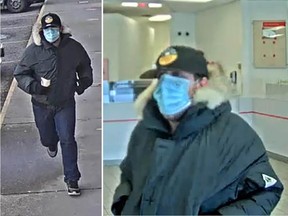 Surveillance images show a suspect in a bank robbery in the 8800-block of 152nd Street in Surrey on March 1.