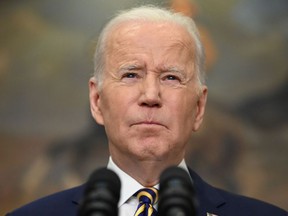 US President Joe Biden pictured on March 8, 2022 as he announced a ban on imports of Russian oil and gas.
