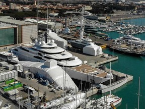 A view shows the Scheherazade in a repair dock at the Tuscan port of Marina di Carrara on March 22, 2022.