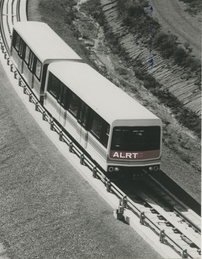 Photographs distributed by Urban Transportation Development Corporation. It shows the ALRT transit car ripping the track. This system became known as SkyTrain. The photo is engraved on February 23, 1981.