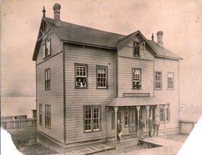Exterior of the Canadian Pacific Railway Co. offices and depot, Cordova and Richards streets, 1887.