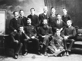 The first CPR telegraph operators, circa 1890-91.  Group portrait showing, from left, standing: Mr. Wintersall, G. Smith, FW Dowling, A. McGovern, J. Dugan, Harry McIntyre;  sitting: Morris O'Neill, AP Garvey, William Stewart, Mr. Dillon, JC Woodward;  on floor, James Fagan.