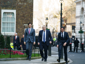 One of many extremely well-composed photographs posted to Prime Minister Justin Trudeau's social media during his trip to Ukraine. This one has Trudeau walking with calm but resolute purpose next to U.K. Prime Minister Boris Johnson and Dutch Prime Minister Mark Rutte.