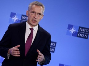 NATO Secretary General Jens Stoltenberg speaks to the media prior to the start of a NATO foreign ministers' meeting following Russia's invasion of Ukraine, at the Alliance's headquarters in Brussels, Belgium, March 4, 2022.