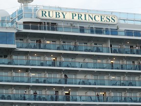 The Ruby Princess cruise ship departs from Port Kembla on April 23, 2020 in Wollongong, Australia.