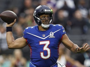 Russell Wilson of the Seattle Seahawks throws the ball against the AFC during the 2022 NFL Pro Bowl at Allegiant Stadium on February 6, 2022 in Las Vegas.