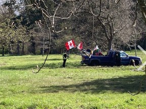 A truck got stuck in the mud off Camas Circle in Beacon Hill Park on Saturday while trying to circumvent police attempts to keep non-local traffic out of the legislature precinct.
