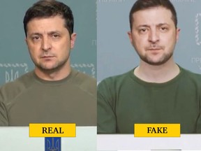 Internet users immediately flagged the discrepancies between the skin tone on Zelenskyy's neck and face, the odd accent in the video, and the pixelation around his head.