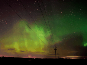 The skies near Crossfield, Alta. north of Calgary lit up by the northern lights in April 2015.