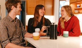 Jeff Polster, Zoey Knobler and Mia Knobler with Capra Press, a new, improved version of the iconic French press coffee system. (Photo: Noa Knobler)