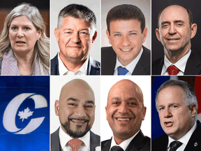 Conservative leadership hopefuls clockwise from top left: Leona Alleslev, Scott Aitchison, Roman Baber, Joseph Bourgault, Marc Dalton, Joel Etienne and Bobby Singh.