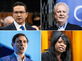 Federal Conservative leadership candidates, clockwise from top left, Pierre Poilievre, Jean Charest, Leslyn Lewis and Patrick Brown.