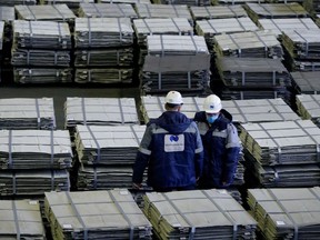 The public, and most policy-makers, have not yet grasped that, in practice, a low-carbon energy transition requires shifting from the extraction of fossil fuels to the extraction of metals. Shown are nickel sheets ready for shipping at Kola Mining and Metallurgical Company in the Murmansk region of Russia.
