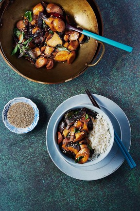 Soy-braised mushrooms with Thai basil: Not saucy, intensely flavoured.