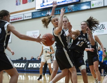 Langley Christian Lightning during play against the St. Michaels University School Blue Jags in the Double A semifinal game of girls basketball provincial championships at the Langley Events Centre in Langley, BC Wednesday, March 4, 2022.