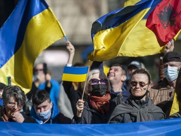 Langley, BC: MARCH 05, 2022 -- More than a thousand people attend a rally for Ukraine at the Vancouver Art Gallery in Vancouver, BC Saturday, March 5, 2022. Worldwide condemnation of Russia followed their invasion of Ukraine February 24.



(Photo by Jason Payne/ PNG)

(For story by Nathan Griffiths) ORG XMIT: ukrainerally [PNG Merlin Archive]