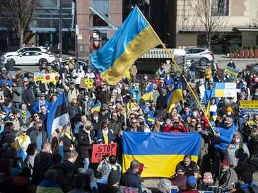 Langley, BC: MARCH 05, 2022 -- More than a thousand people attend a rally for Ukraine at the Vancouver Art Gallery in Vancouver, BC Saturday, March 5, 2022. Worldwide condemnation of Russia followed their invasion of Ukraine February 24.



(Photo by Jason Payne/ PNG)

(For story by Nathan Griffiths) ORG XMIT: ukrainerally [PNG Merlin Archive]