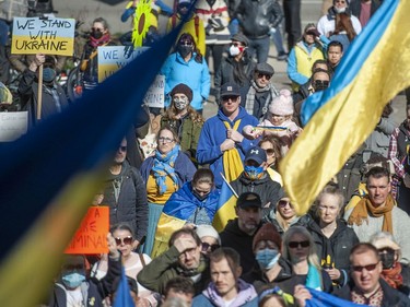 Langley, BC: MARCH 05, 2022 -- More than a thousand people attend a rally for Ukraine at the Vancouver Art Gallery in Vancouver, BC Saturday, March 5, 2022. Worldwide condemnation of Russia followed their invasion of Ukraine February 24.



(Photo by Jason Payne/ PNG)

(For story by Nathan Griffiths) ORG XMIT: ukrainerally [PNG Merlin Archive]