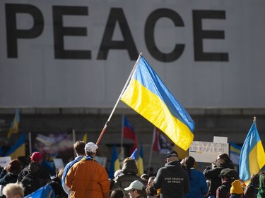 Langley, BC: MARCH 05, 2022 -- More than a thousand people attend a rally for Ukraine at the Vancouver Art Gallery in Vancouver, BC Saturday, March 5, 2022. Worldwide condemnation of Russia followed their invasion of Ukraine February 24.



(Photo by Jason Payne/ PNG)

(For story by Nathan Griffiths) ORG XMIT: ukrainerally [PNG Merlin Archive]