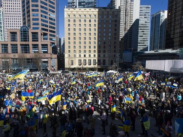 More than a thousand people attend a rally for Ukraine at the Vancouver Art Gallery in Vancouver, BC Saturday, March 5, 2022. Worldwide condemnation of Russia followed their invasion of Ukraine February 24.