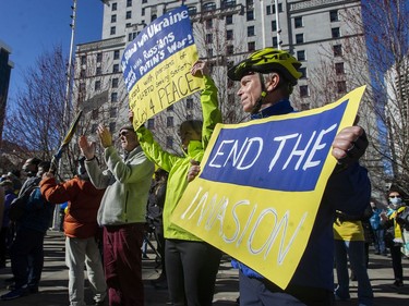 Langley, BC: MARCH 05, 2022 -- More than a thousand people attend a rally for Ukraine at the Vancouver Art Gallery in Vancouver, BC Saturday, March 5, 2022. Worldwide condemnation of Russia followed their invasion of Ukraine February 24.



(Photo by Jason Payne/ PNG)

(For story by Nathan Griffiths) ORG XMIT: ukrainerally [PNG Merlin Archive]