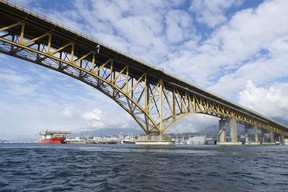 The Tsleil-Waututh Nation have commissioned reports documenting the erosion of the shoreline around Burrard Inlet, changes to sea life and industrial pollution since contact. Pictured is the Iron Worker memorial bridge Tuesday, March 8, 2022.