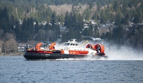 The Tsleil-Waututh Nation have commissioned reports documenting the erosion of the shoreline around Burrard Inlet, changes to sea life and industrial pollution since contact. Pictured is a Canadian Coast Guard hovercraft in Burrard Inlet March 8, 2022.