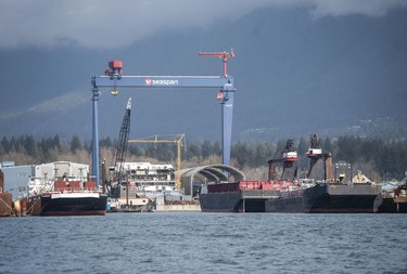 The Tsleil-Waututh Nation have commissioned reports documenting the erosion of the shoreline around Burrard Inlet, changes to sea life and industrial pollution since contact. Pictured is the Seaspan shipyard on the shores of Burrard Inlet March 8, 2022.