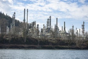 The Tsleil-Waututh Nation have commissioned reports documenting the erosion of the shoreline around Burrard Inlet, changes to sea life and industrial pollution since contact. Pictured is the Burnaby Refinery on the shores of Burrard Inlet March 8, 2022.