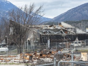 Devastated buildings in Lytton, B.C. on March 18, 2022, nine months after a wildfire devastated the town.