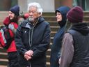 A group including David Suzuki protest at B.C. Supreme Court in Vancouver on March 21 at the start of an Indigenous land-claim case covering Nuchatlaht territory including part of Nootka Island off the west coast of Vancouver Island.