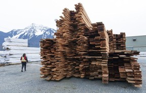 Stacks of lumber sit outside at the PowerWood mill in Agassiz.