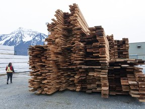 Stacks of lumber sit outside at the Power Wood mill in Agassiz, BC, March, 24, 2022.