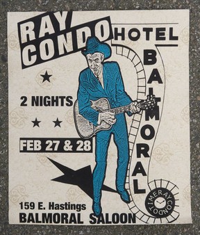 A Ray Condo poster for a show at the Balmoral Hotel beer parlour uses the Balmoral’s sign, 2004.