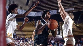 Delta State’s Lusia Harris (center) averaged 25.9 points and 14.4 rebounds per game and graduated with 15 team, single-game and career records. She is the subject of a sports documentary, The Queen of Basketball, which has been nominated for an Oscar.