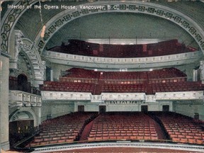 Vintage postcard showing interior of the Vancouver Opera House, which became the Orpheum Theatre from 1913 to 1927.