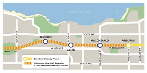 Die für die Verlängerung der UBC-U-Bahn vorgeschlagene Route beinhaltet einen Halt in den Jericho Lands.