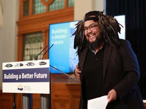 Tsartlip First Nation Chief Don Tom shares a laugh following his speech about the provincial plan to implement the United Nations Declaration on the rights of Indigenous Peoples during a ceremony in the Hall of Honour at the legislature in Victoria on Wednesday, March 30, 2022. Tom is also a vice-president of the Union of B.C. Indian Chiefs.