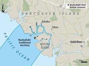 Map of traditional territory of the Nuchatlaht Tribe on the west coast of Vancouver Island.