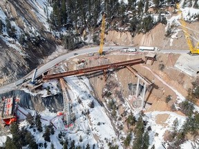 A file photo of work on a new bridge through Kicking Horse Canyon. Highway 1 is closed in the area for complex construction work.