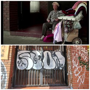 This photo shows Kwan Popo's bow then and now. The sidewalk plays a role in filmmaker Julia Kwan's documentary Everything Will Be about Chinatown. The 2014 film will be available to stream for free on the NFB site from May 2, 2022 and will run for the rest of Asian Heritage Month. Photo credit: Julia Kwan