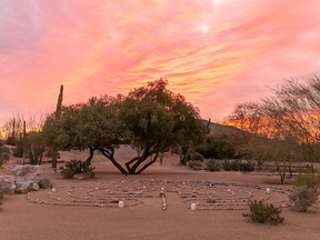 Civana's self-guided labyrinth walking meditation circle is an ideal way to end a day's journey under a Sonoran Desert sunset. CREDIT: Civana Wellness Resort & Spa