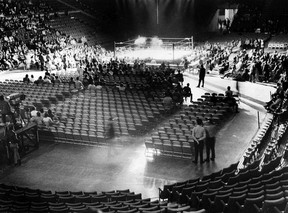 Released May 2, 1972.  “Empty seats dominate the stage at the Pacific Coliseum on Monday night due to the fight between George Chuvalo and Muhammad Ali.  The promoters stated that 8,800 people attended the match;  The arena has a capacity of over 17,000 people.  Bout was shown in 90 centers on closed-circuit television.”  Ray Allan/Vancouver Sun.
