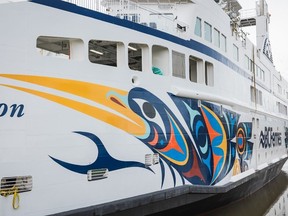 Coast Salish artist Maynard Johnny Jr. (whose Indigenous name is Thii Hayqwtun) travelled to Richmond, B.C. from his studio in Duncan in April 2022 to see his art unveiled on B.C. Ferries' latest vessel, the Salish Heron.