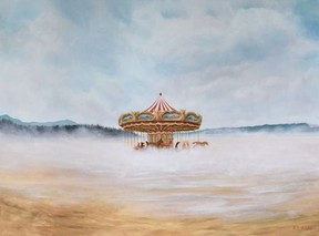At Kurbatoff Gallery, Flight of the Carousel by E.  Andrea Klann combines realism and whimsical imagery on a Tofino beach.
