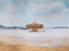 At the Kurbatoff Gallery, Flight of the Carousel by E. Andrea Klann combines realism and whimsical imagery on a Tofino beach.
