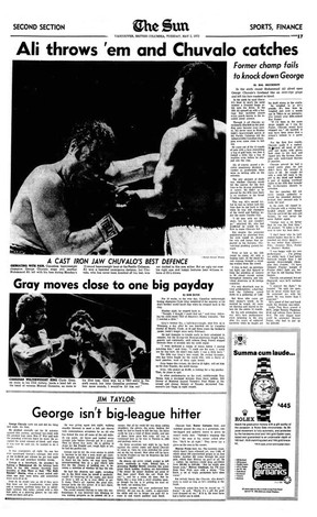 May 2, 1972 Vancouver Sun sports page with stories about the boxing match between Muhammad Ali and George Chuvalo at the Pacific Coliseum. Ali won.