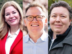 Jeanette Ashe, NDP candidate in the Vancouver-Quilchena byelection; Kevin Falcon, the Liberal candidate; Wendy Hayko, the Green candidate.