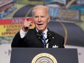 US President Joe Biden addresses trades leaders at the North Americas Building Trades Unions (NABTU) Legislative Conference at the Washington Hilton Hotel in Washington, DC, on April 6, 2022.